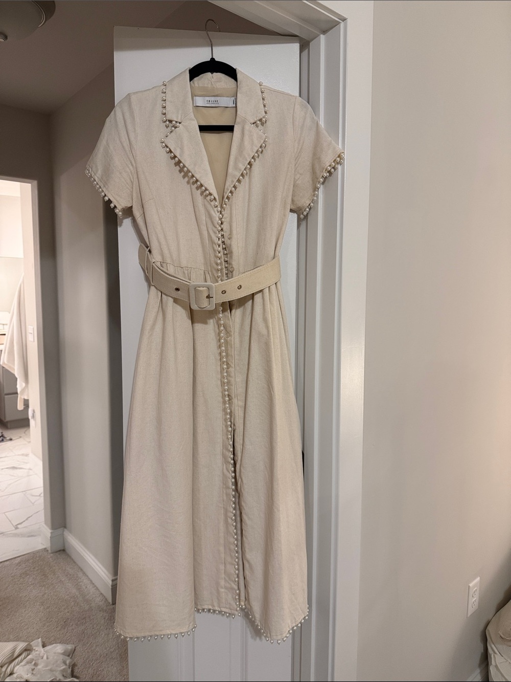 Luxe Cream Belted Midi Shirt Dress with Trim